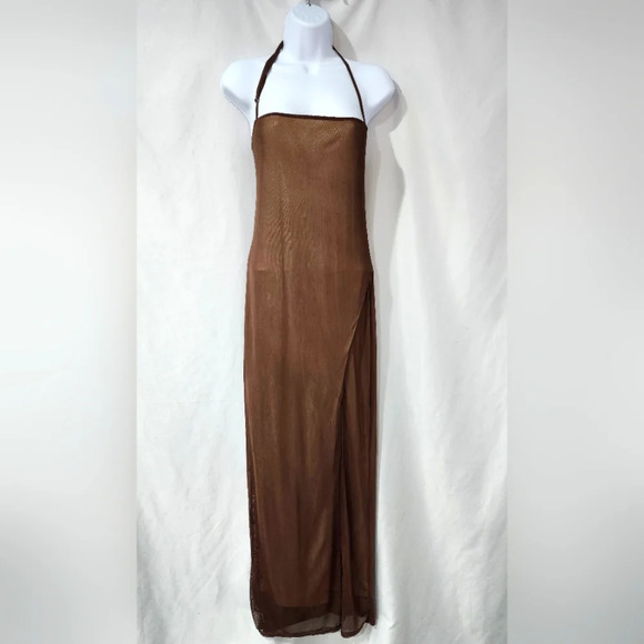 Forever 21 Women's Slip Dress Size L Brown Mesh Maxi Lined Bodycon Coquette - Picture 1 of 7